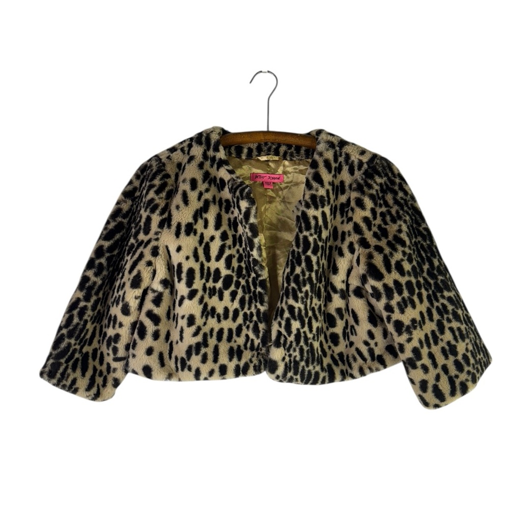 BETSEY JOHNSON Leopard Print Faux Fur Cropped Shrug Shawl Dress Jacket size S